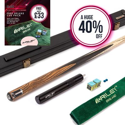 Riley Elegance - 2 Piece Snooker Cue and Hard Case - 1 Piece Cue - Ebony Butt- 9.5mm Pro Tip - 145cm - Black/ Natural Golden Sandal 360˚ Splicing