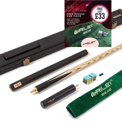 Riley England 3 Piece Snooker Cue and Hard Case 3/4 Cut- Layered Ebonised Black Wood Butt with 9.5mm Tip - 145cm - Black