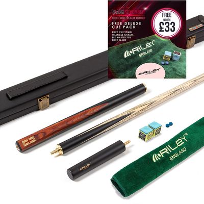 Riley England 3 Piece Snooker Cue and Hard Case 3/4 Cut- Layered Ebonised Black Wood Butt with 9.5mm Tip - 145cm - Black/Brown Wood