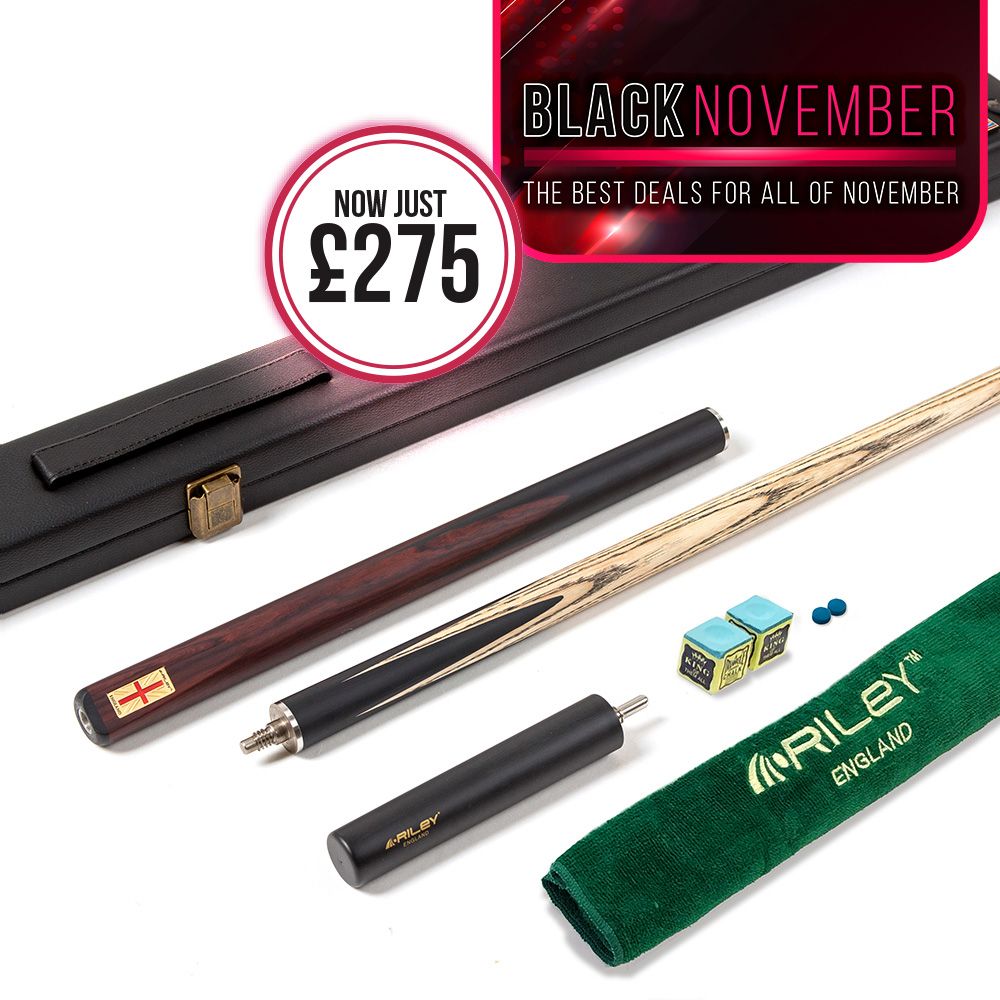 Riley England 3 Piece Snooker Cue and Hard Case 3/4 Cut- Layered Ebonised Black Wood Butt with 9.5mm Tip - 145cm - Black/ Dark Brown