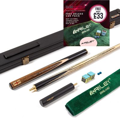Riley England 3 Piece Snooker Cue and Hard Case 3/4 Cut- Layered Ebonised Black Wood Butt with 9.5mm Tip - 145cm - Black/ Dark Wood