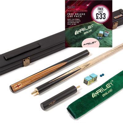 Riley England 3 Piece Snooker Cue and Hard Case 3/4 Cut- Layered Ebonised Black Wood Butt with 9.5mm Tip - 145cm - Black/ Dark Wood