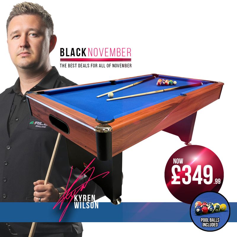 BCE 6ft American Pool Table - Black/Wood Effect with Blue Cloth - Fixed Leg - Ball Return System