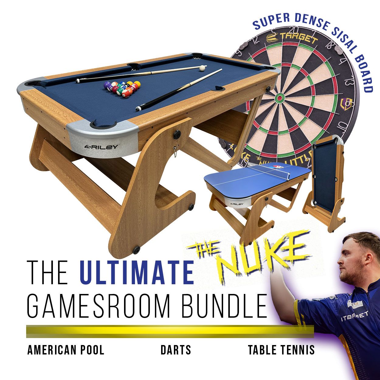 Riley 6ft 6in Supersize Folding Pool Table - Beech Finish with Blue Cloth - Folds Vertically - Free Table Tennis Top