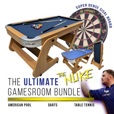 Riley 6ft 6in Supersize Folding Pool Table - Beech Finish with Blue Cloth - Folds Vertically - Free Table Tennis Top