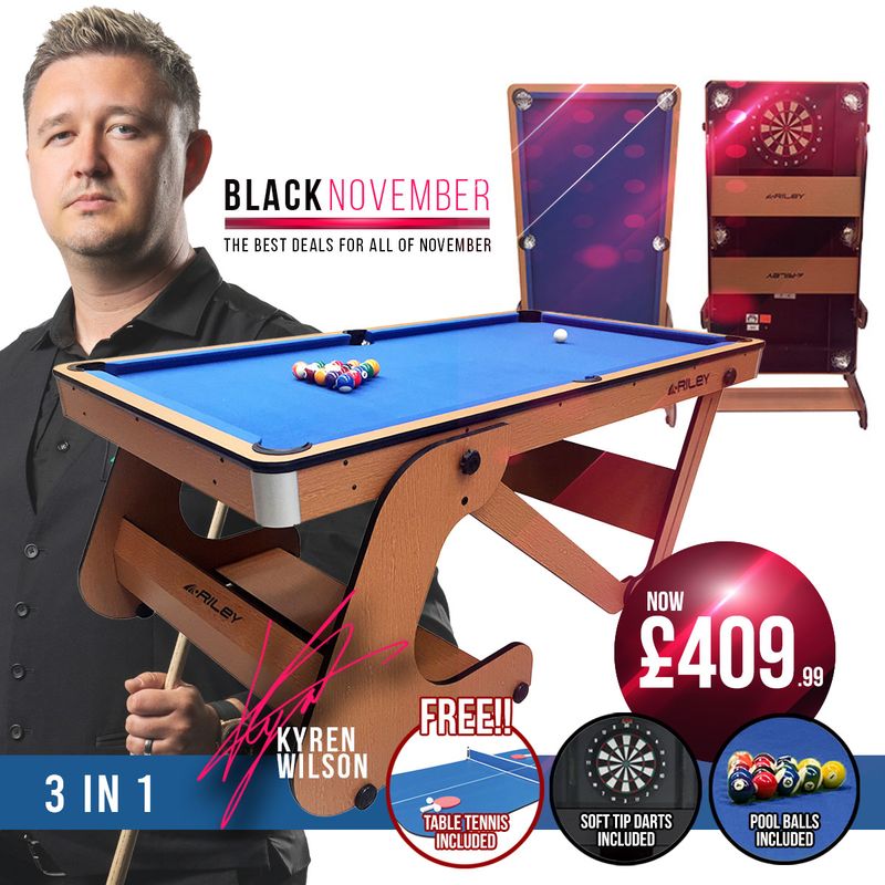 Riley 6ft Folding Pool Table with Dartboard - Beech Finish with Blue Cloth - Folds Vertically - Free Table Tennis Top