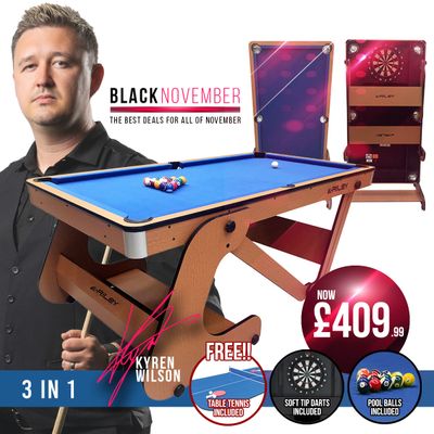 Riley 6ft Folding Pool Table with Dartboard - Beech Finish with Blue Cloth - Folds Vertically - Free Table Tennis Top