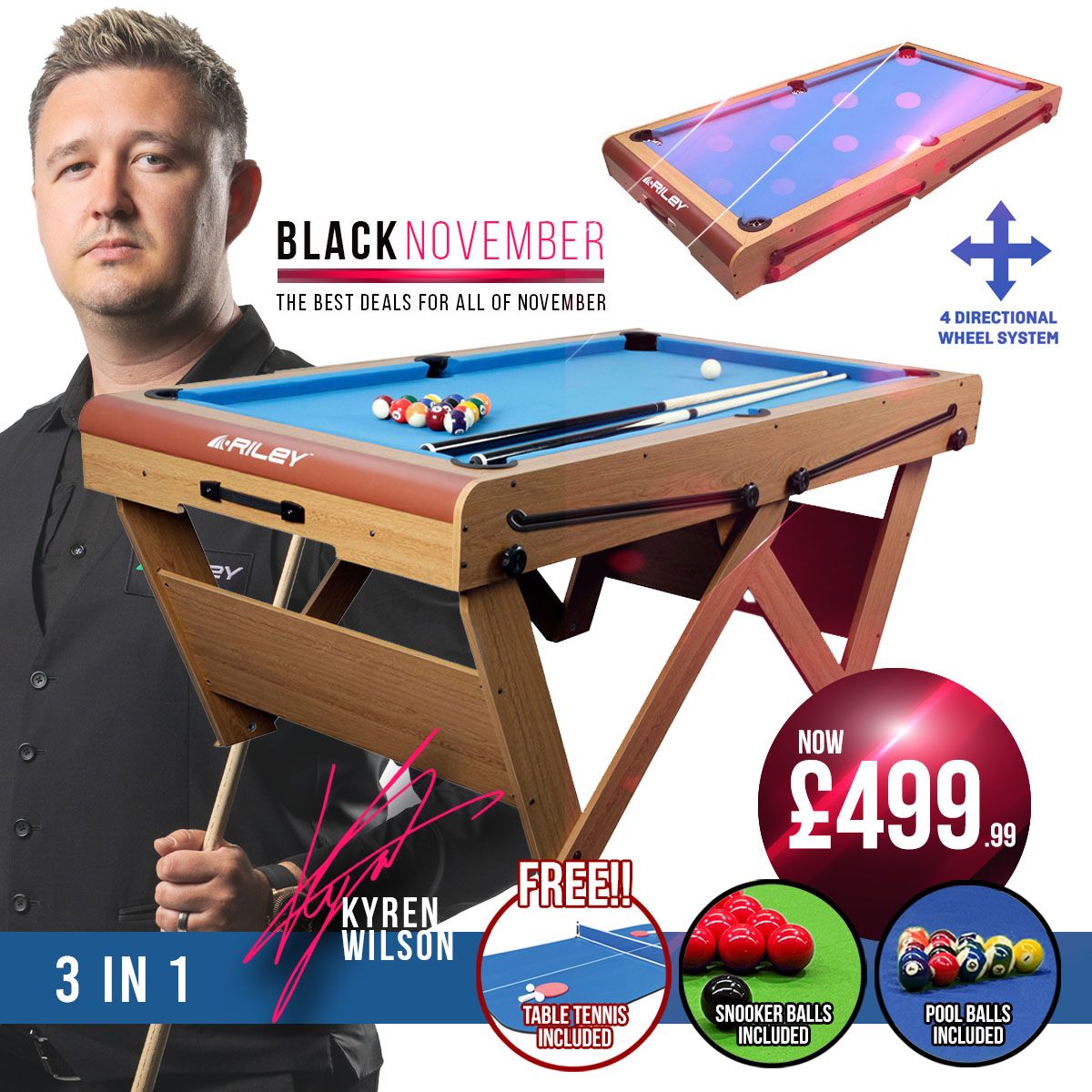 Riley 6ft Folding Snooker and Pool Table - Oak Finish with Blue Cloth - Folds Flat