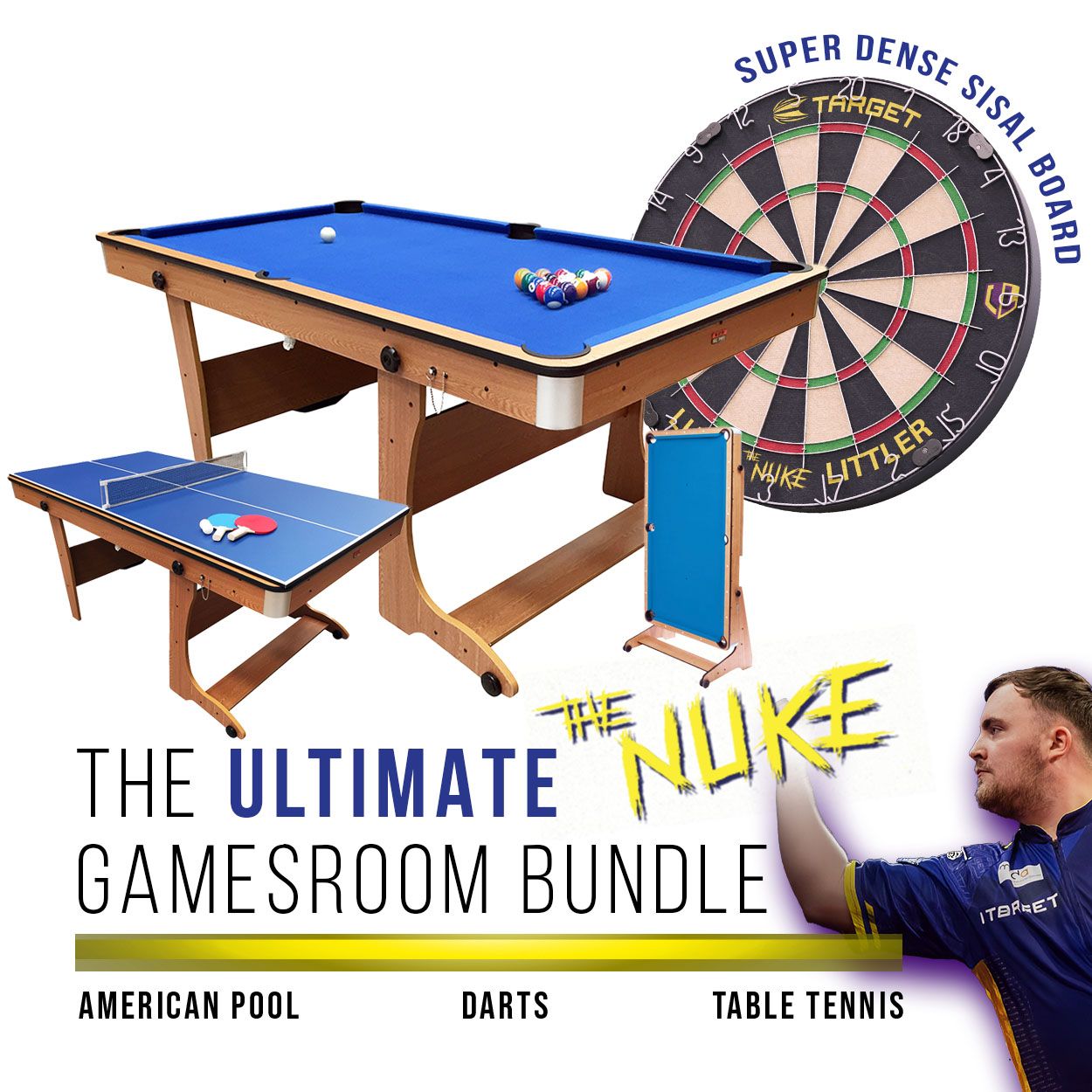 BCE 6ft Folding 3 in 1 Pool Table with Table Tennis Top and Dartboard - Blue Cloth/ Beech Finish - Folds Vertically