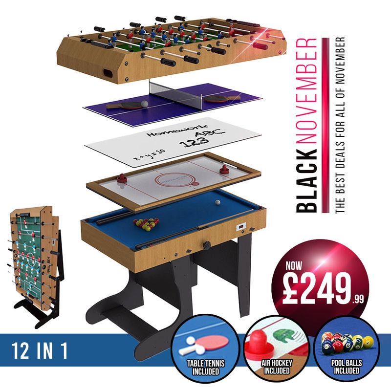 Riley 4ft 12 in 1 Multi Games Table - Natural Wood Finish/ Black Legs - Folds Vertically