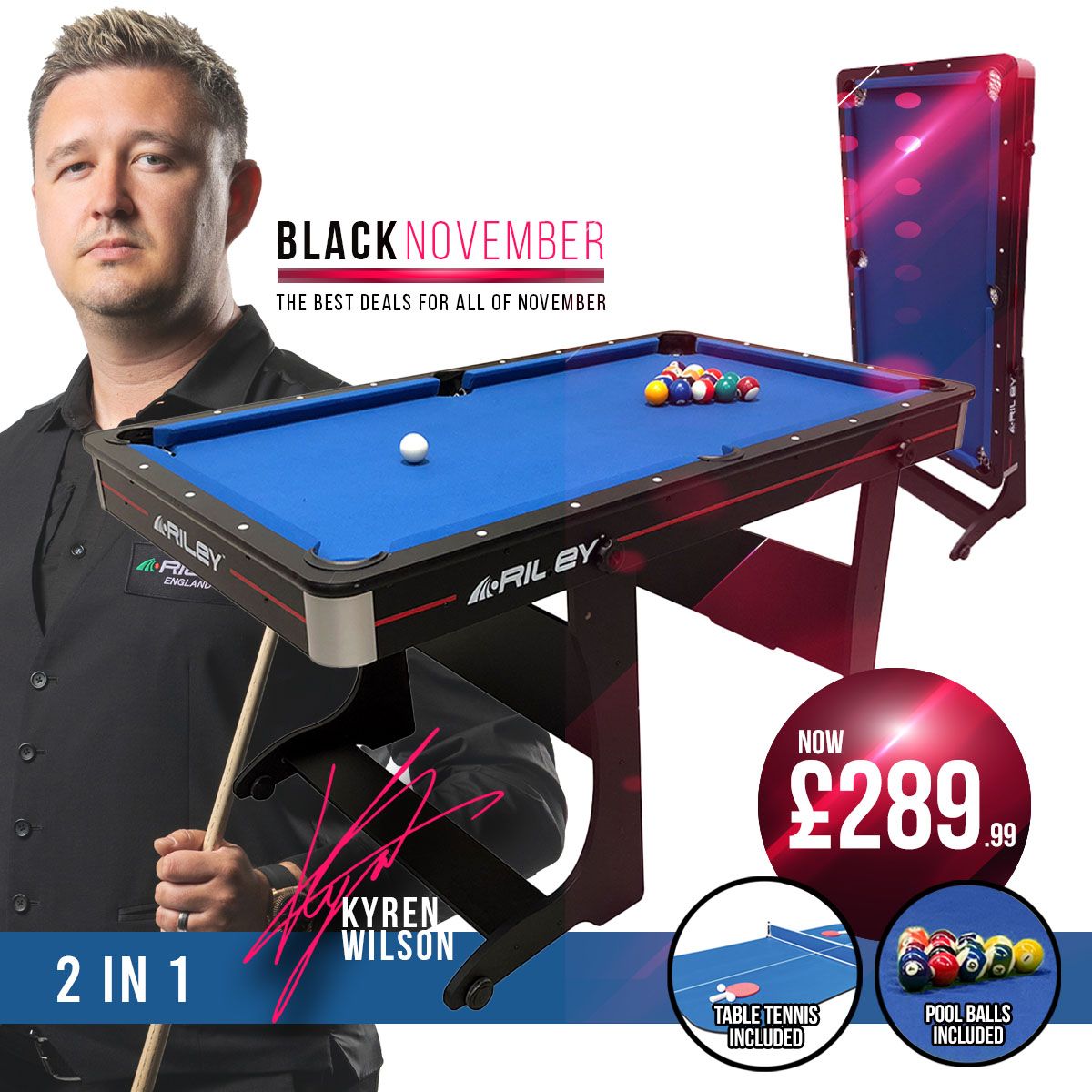 Riley 5ft 2 in 1 Folding Pool Table with Table Tennis Table - Black with Blue Cloth - Folds Vertically