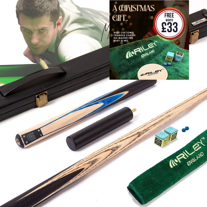 BCE Black Series - Mark Selby - 3 Piece Snooker Cue and Hard Case - 3/4 Cut Cue - Layered Ebonised Black Wood Butt - 9.5mm Tip - 145cm - Black/ Blue and White Marbleised Resin / Natural Wood