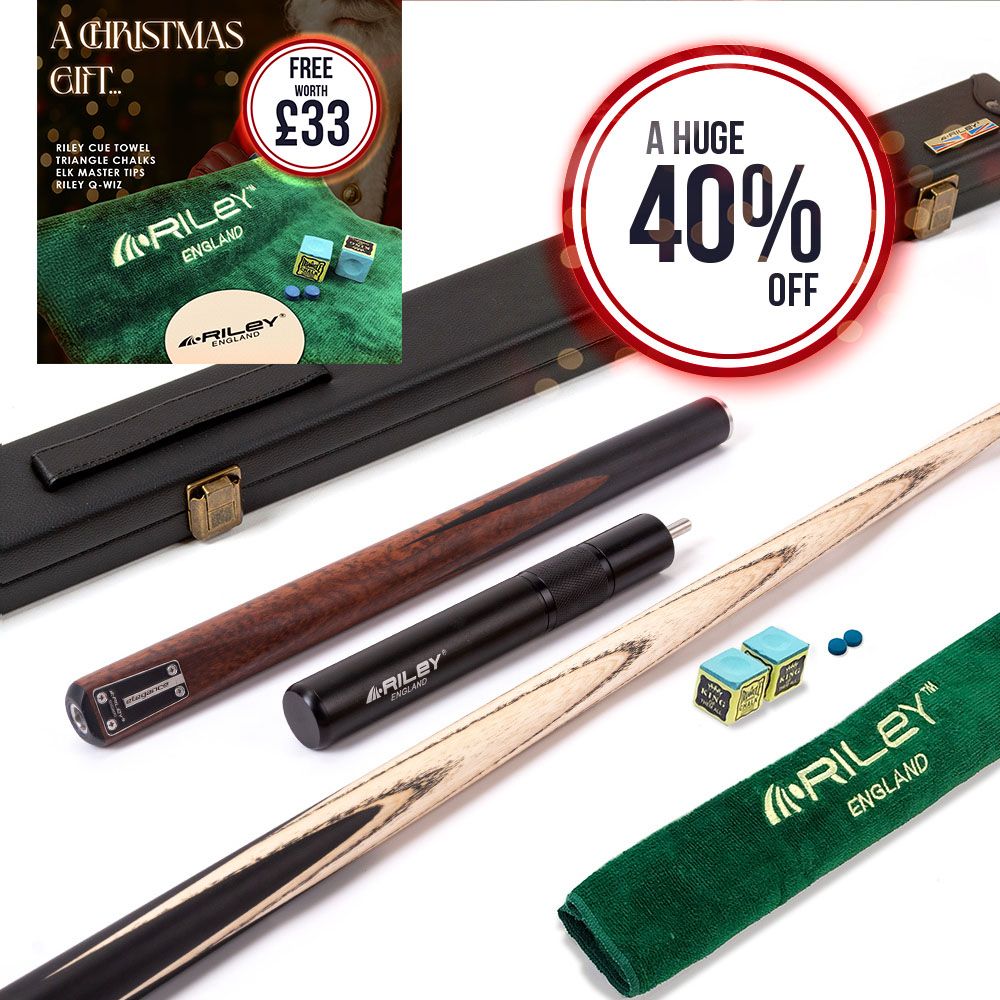 Riley Elegance - 3 Piece Snooker Cue and Hard Case - 3/4 Cut Cue - Ebony Butt- 9.5mm Pro Tip - 145cm - Black/ Natural Snake Wood 360˚ Splicing