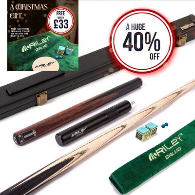 Riley Elegance - 3 Piece Snooker Cue and Hard Case - 3/4 Cut Cue - Ebony Butt- 9.5mm Pro Tip - 145cm - Black/ Natural Snake Wood 360˚ Splicing