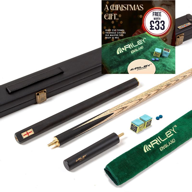Riley England 3 Piece English Pool Cue 3/4 Cut - 9mm Tip - 145cm - Black/Ash - with Deluxe Hard Case