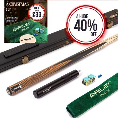 Riley Elegance - 2 Piece Snooker Cue and Hard Case - 1 Piece Cue - Ebony Butt- 9.5mm Pro Tip - 145cm - Black/ Natural Golden Sandal 360˚ Splicing