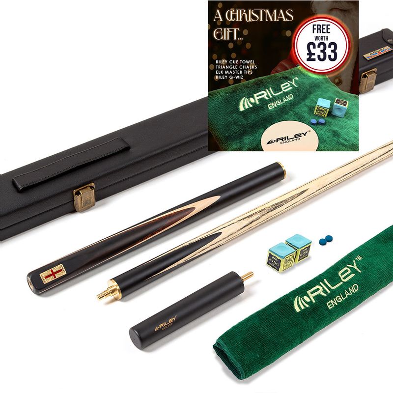 Riley England 3 Piece English Pool Cue 3/4 Cut - 9mm Tip - 145cm - Black/ Snake Wood/ Ash - with Deluxe Hard Case