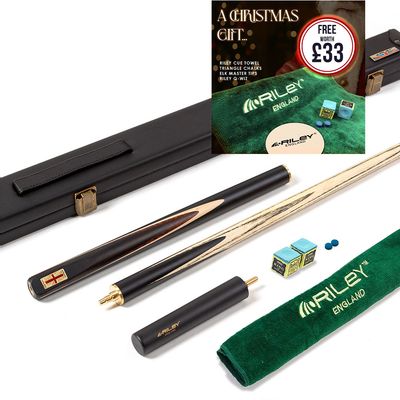 Riley England 3 Piece English Pool Cue 3/4 Cut - 9mm Tip - 145cm - Black/ Snake Wood/ Ash - with Deluxe Hard Case