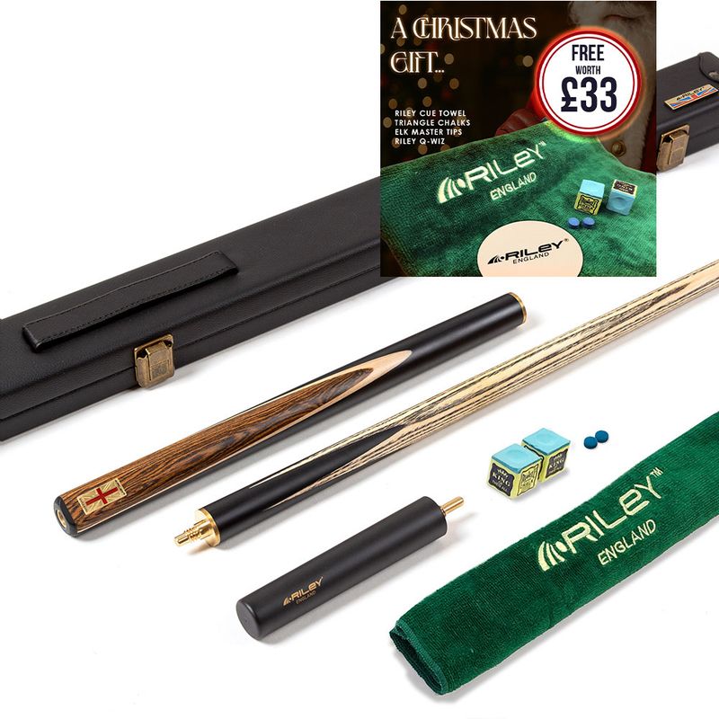 Riley England 3 Piece Snooker Cue and Hard Case 3/4 Cut- Layered Ebonised Black Wood Butt with 9.5mm Tip - 145cm - Black/ Dark Wood