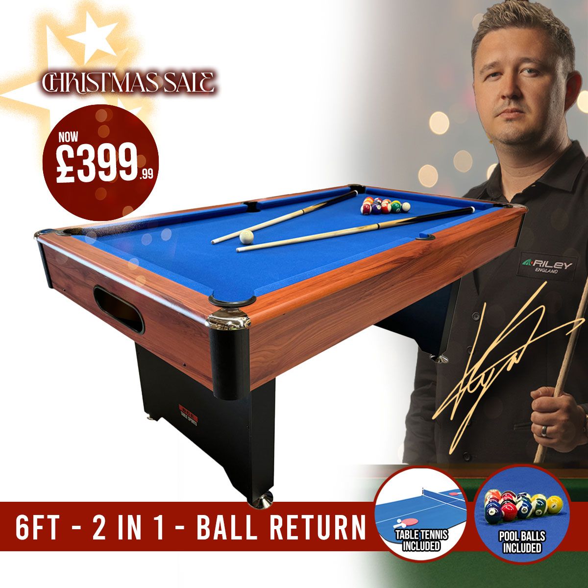 BCE 6ft 2 in 1 American Pool Table with Table Tennis Top - Black/Wood Effect with Blue Cloth - Fixed Leg - Ball Return System
