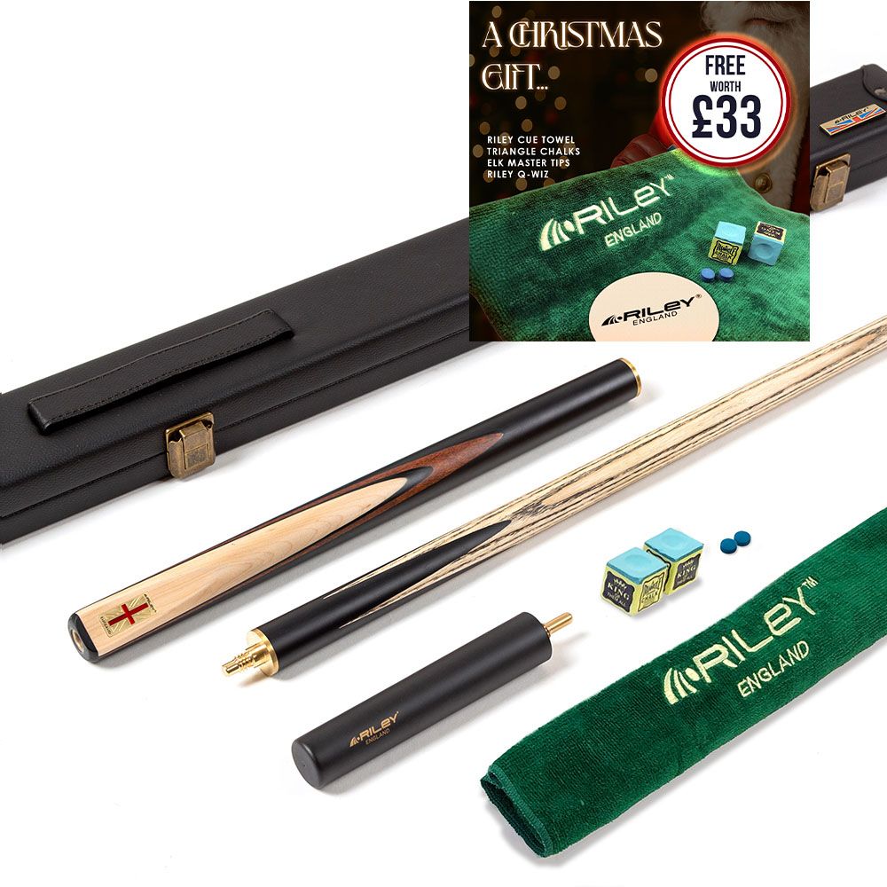 Riley England 3 Piece Snooker Cue and Hard Case 3/4 Cut- Layered Ebonised Black Wood Butt with 9.5mm Tip - 145cm - Black/ Maple Wood