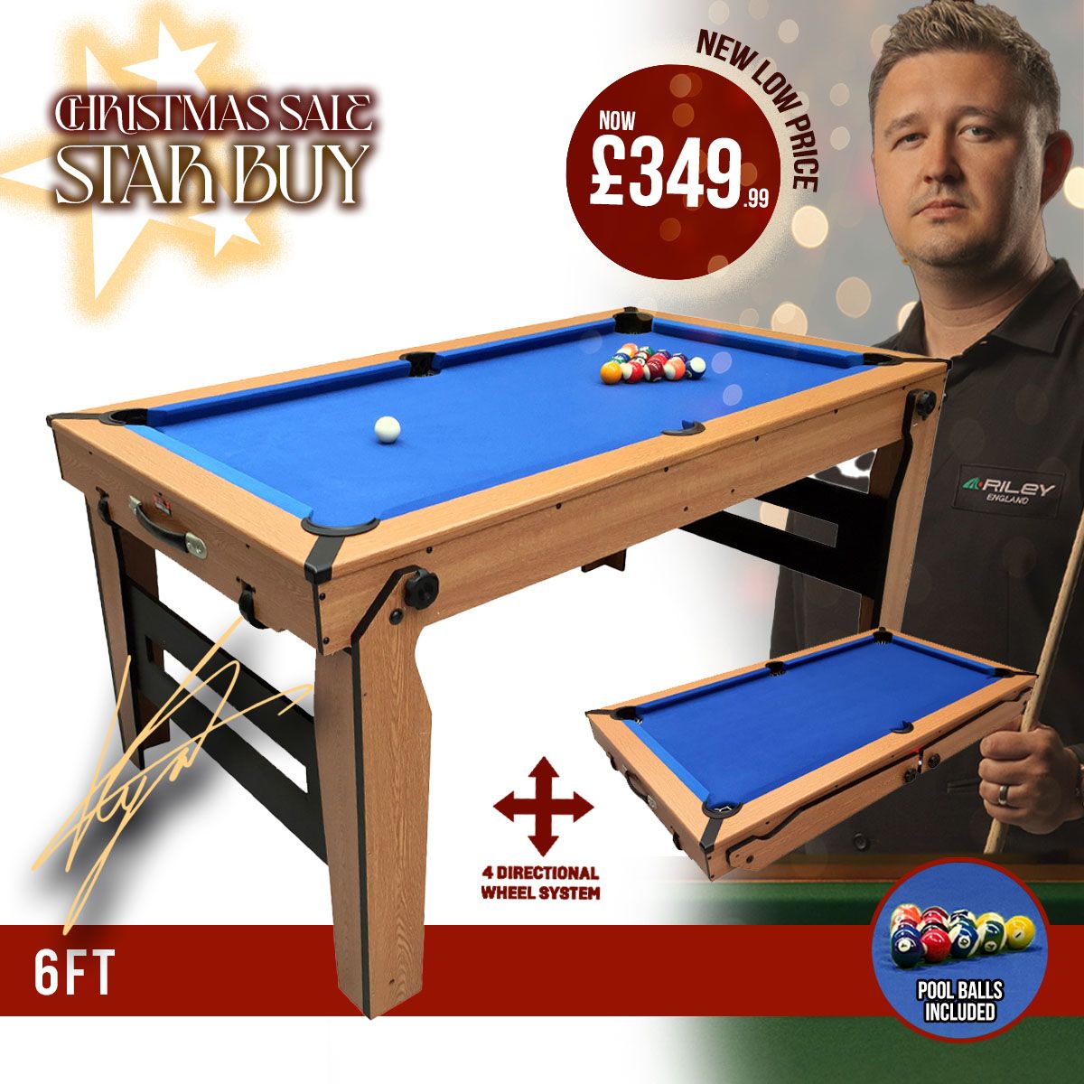 BCE 6ft Razor Folding Pool Table - Blue Cloth/ Oak Finish - Folds Flat