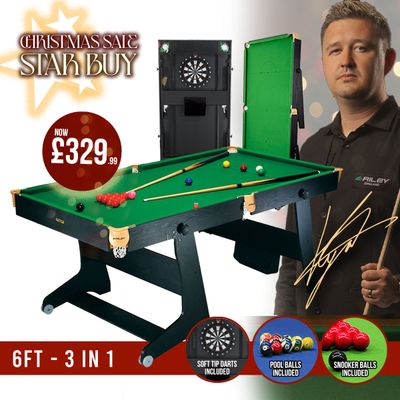 Riley 6ft 3 in 1 Folding Snooker Table - Snooker, Pool and Dartboard - Black/Wood Effect with Green Cloth - Folds Vertically