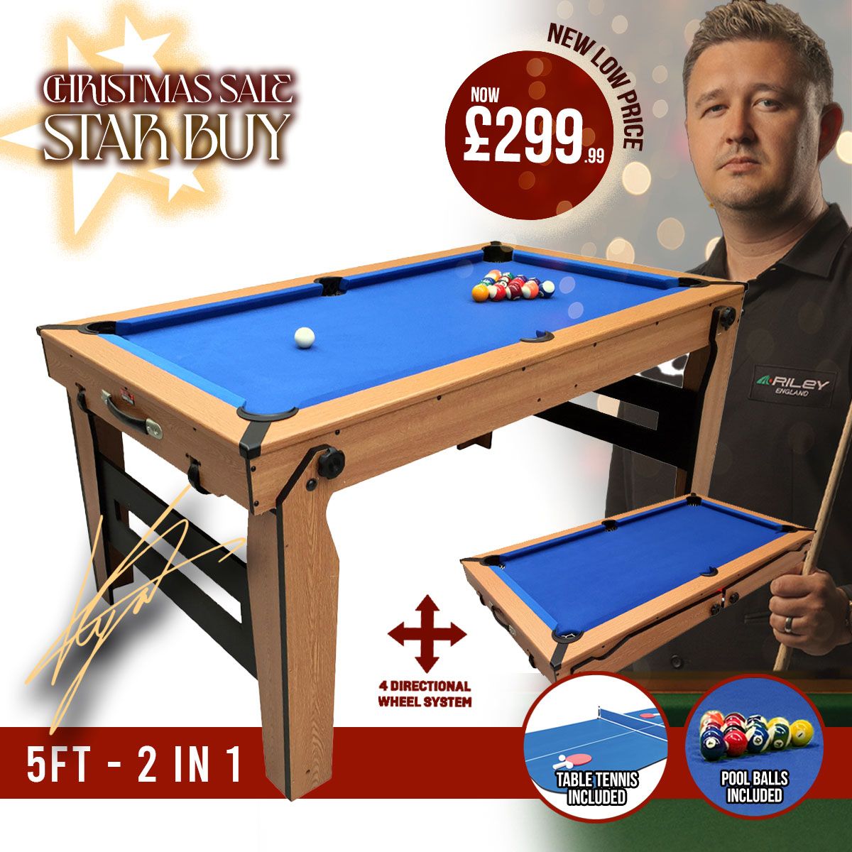 BCE 5ft Razor Folding 2 in 1 Pool Table with Table Tennis Top - Blue Cloth/ Oak Finish - Folds Flat