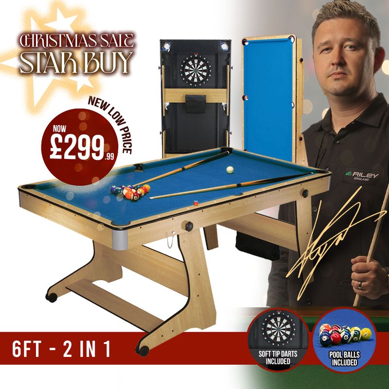 BCE 6ft Folding 2 in 1 Pool Table with Dartboard - Blue Cloth/ Beech Finish - Folds Vertically