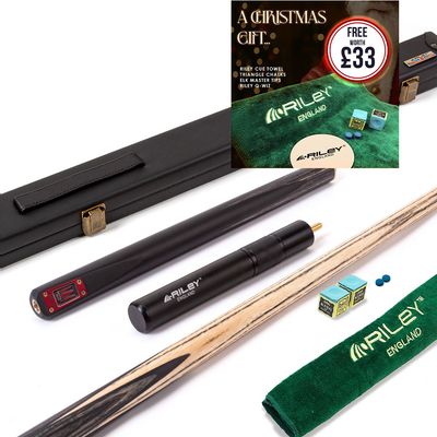 Riley Royal - 3 Piece Snooker Cue and Hard Case 3/4 Cut- Layered Ebonised Black Wood Butt - 9.5mm Tip - 145cm - Black/ Grey/ Natural