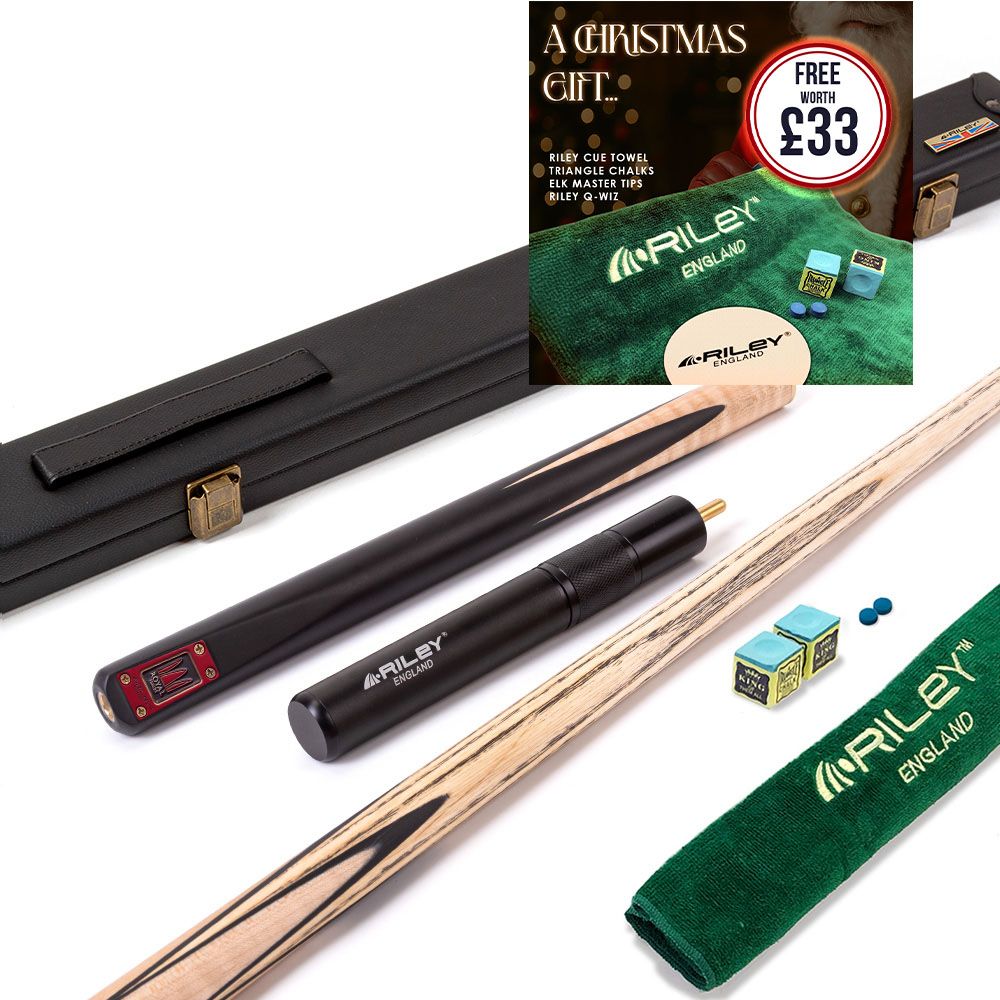 Riley Royal - 3 Piece Snooker Cue and Hard Case 3/4 Cut- Layered Ebonised Black Wood Butt - 9.5mm Tip - 145cm - Black/ Natural Birds Eye Maple Wood
