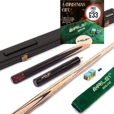 Riley Royal - 3 Piece Snooker Cue and Hard Case 3/4 Cut- Layered Ebonised Black Wood Butt - 9.5mm Tip - 145cm - Black/ Natural Birds Eye Maple Wood