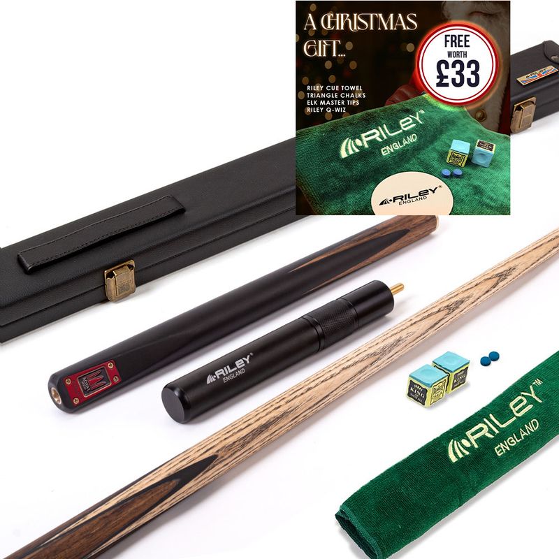 Riley Royal - 3 Piece Snooker Cue and Hard Case 3/4 Cut- Layered Ebonised Black Wood Butt - 9.5mm Tip - 145cm - Black/ Natural Teak Wood