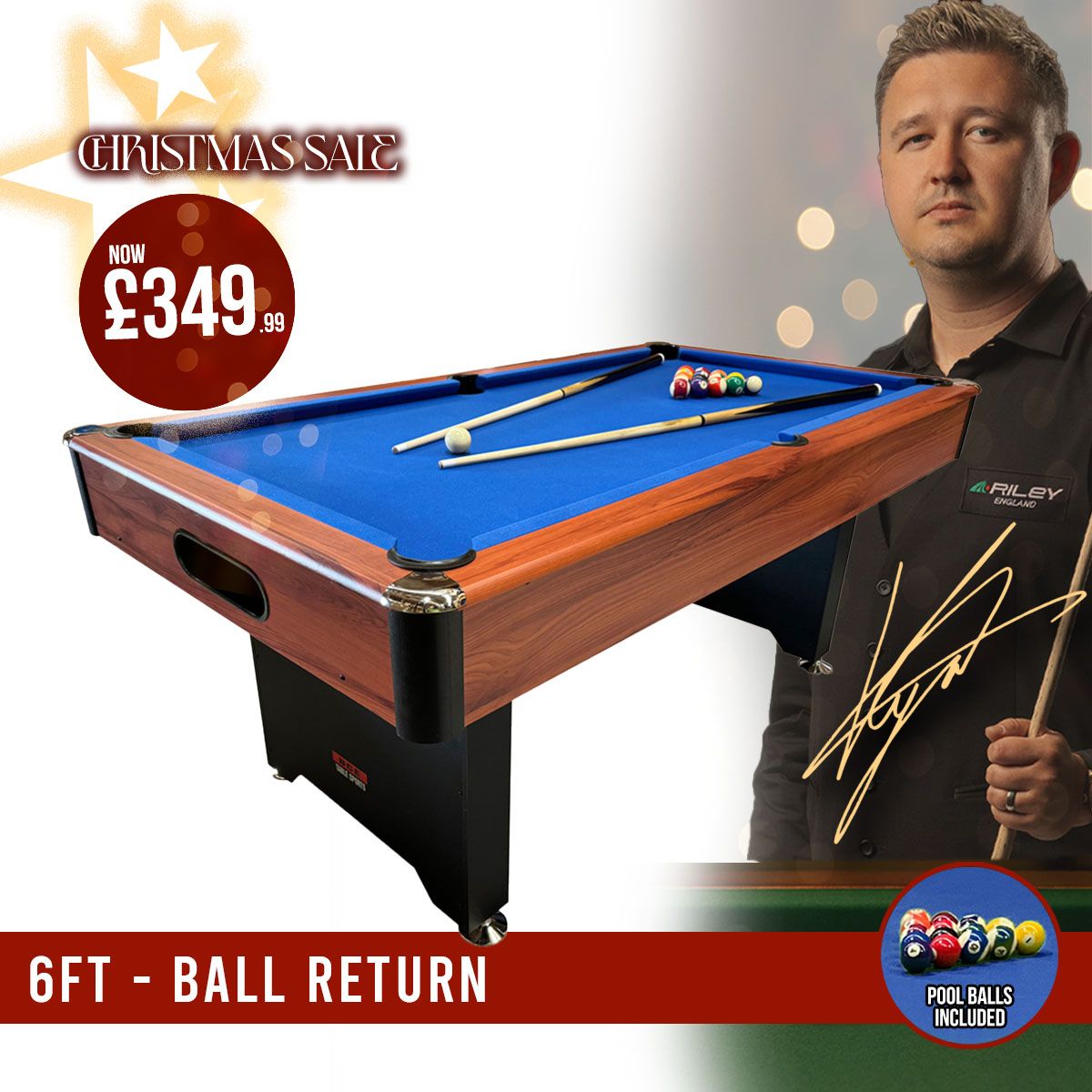 BCE 6ft American Pool Table - Black/Wood Effect with Blue Cloth - Fixed Leg - Ball Return System