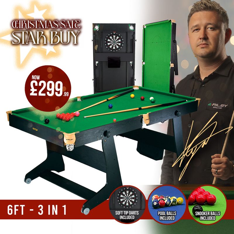 Riley 6ft 3 in 1 Folding Snooker Table - Snooker, Pool and Dartboard - Black/Wood Effect with Green Cloth - Folds Vertically