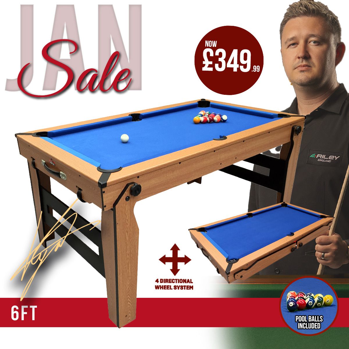 BCE 6ft Razor Folding Pool Table - Blue Cloth/ Oak Finish - Folds Flat