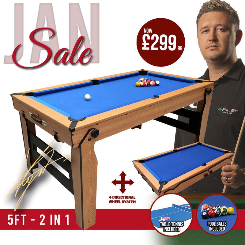 BCE 5ft Razor Folding 2 in 1 Pool Table with Table Tennis Top - Blue Cloth/ Oak Finish - Folds Flat
