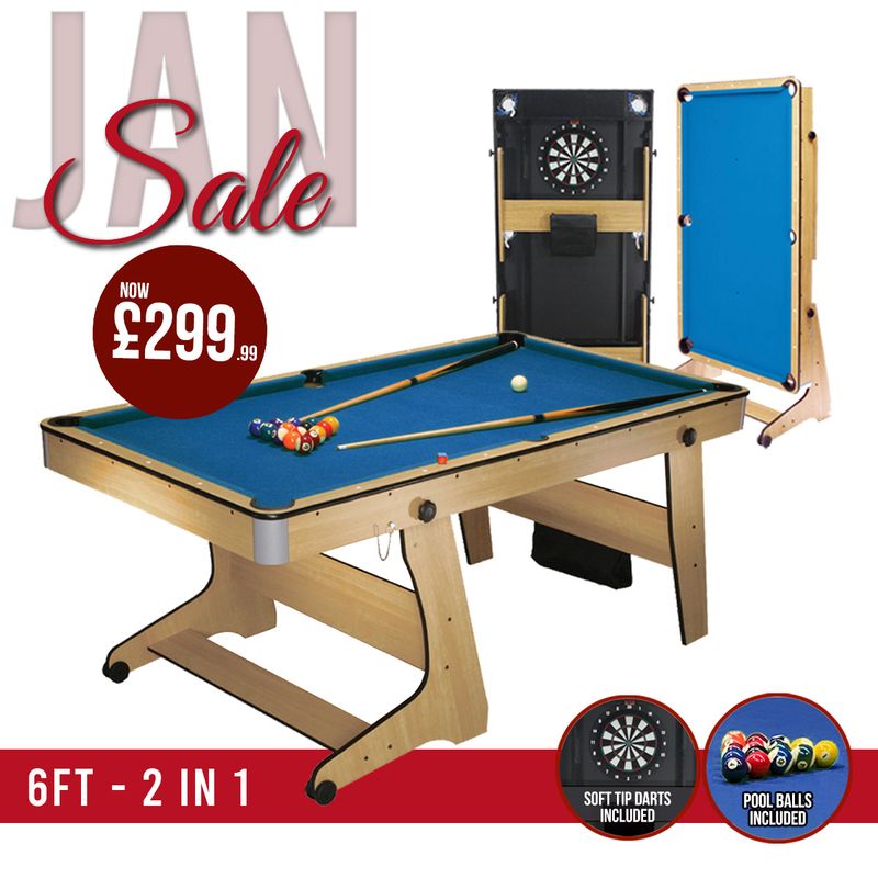 BCE 6ft Folding 2 in 1 Pool Table with Dartboard - Blue Cloth/ Beech Finish - Folds Vertically
