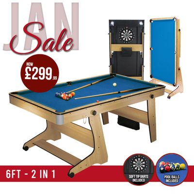 BCE 6ft Folding 2 in 1 Pool Table with Dartboard - Blue Cloth/ Beech Finish - Folds Vertically