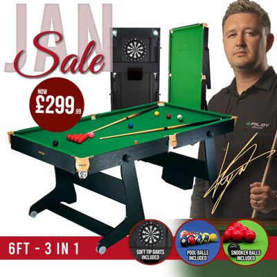 Riley 6ft 3 in 1 Folding Snooker Table - Snooker, Pool and Dartboard - Black/Wood Effect with Green Cloth - Folds Vertically