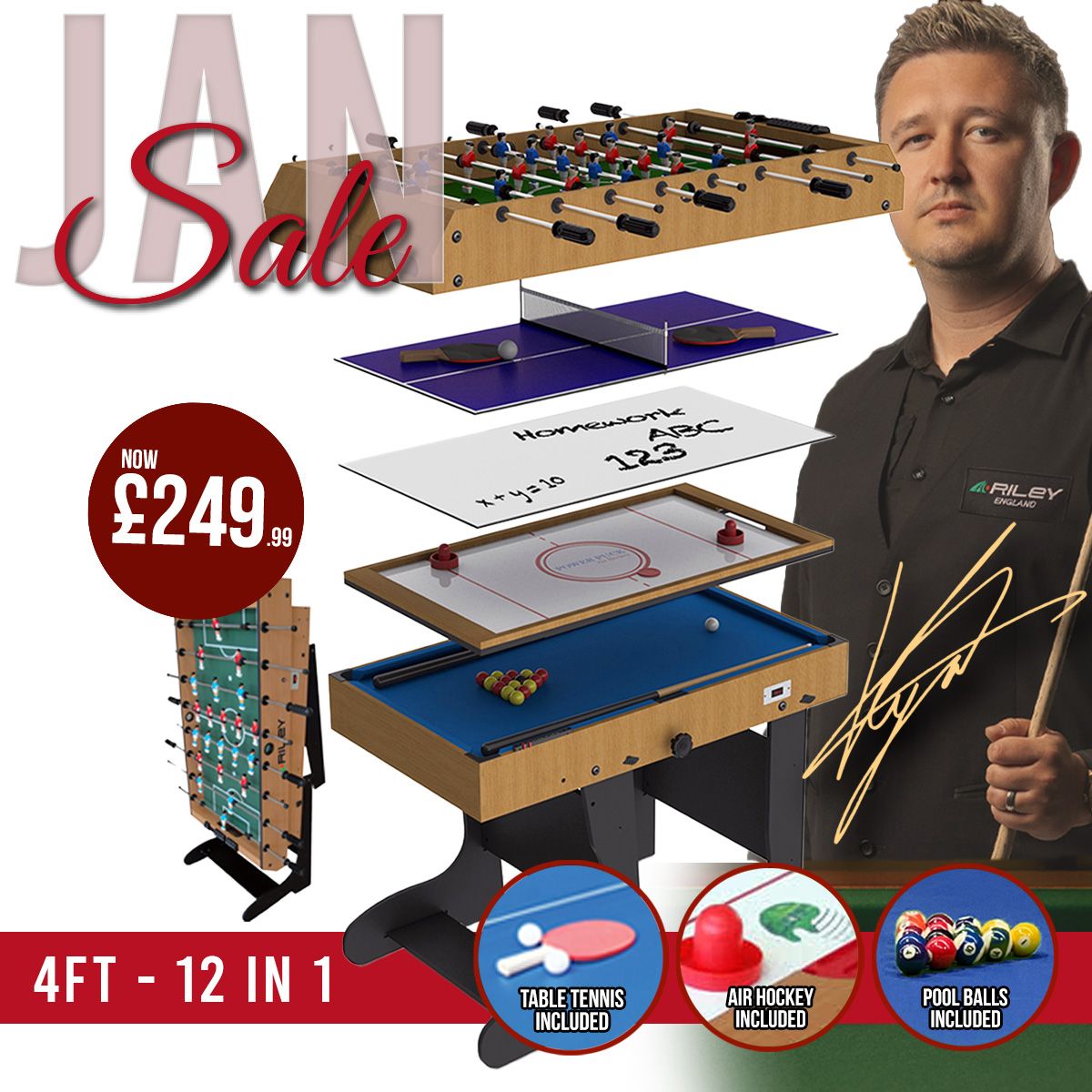 Riley 4ft 12 in 1 Multi Games Table - Natural Wood Finish/ Black Legs - Folds Vertically