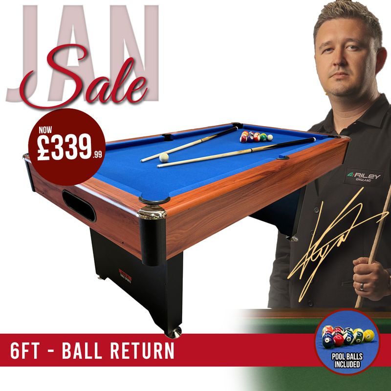 BCE 6ft American Pool Table - Black/Wood Effect with Blue Cloth - Fixed Leg - Ball Return System