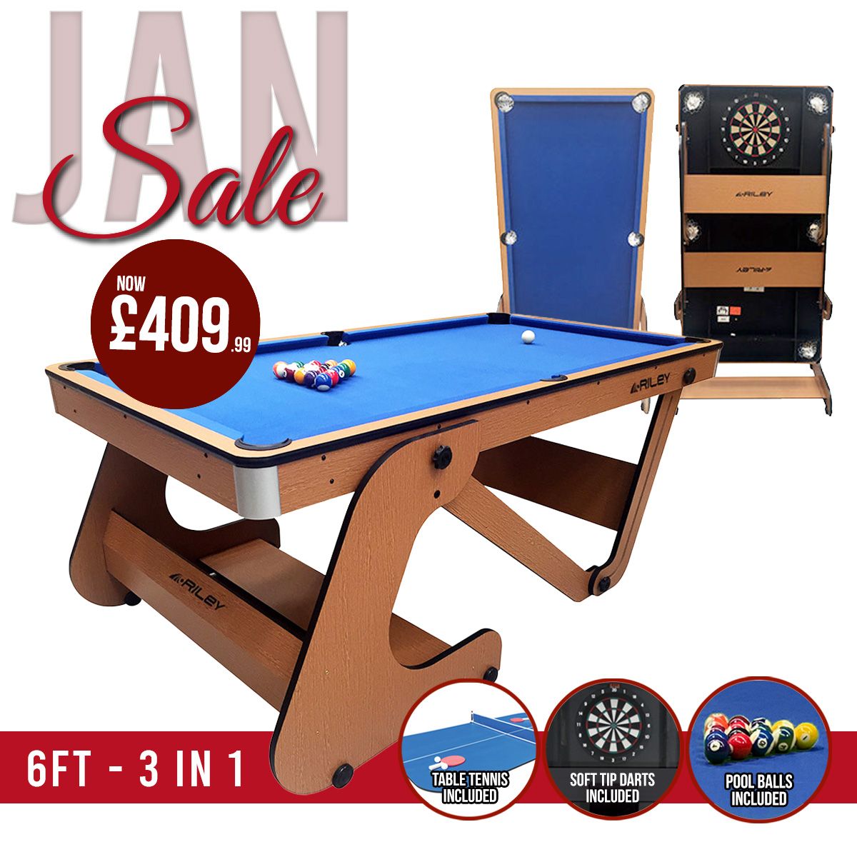 Riley 6ft Folding Pool Table with Dartboard - Beech Finish with Blue Cloth - Folds Vertically - Free Table Tennis Top