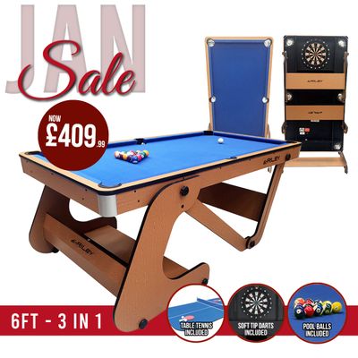Riley 6ft Folding Pool Table with Dartboard - Beech Finish with Blue Cloth - Folds Vertically - Free Table Tennis Top