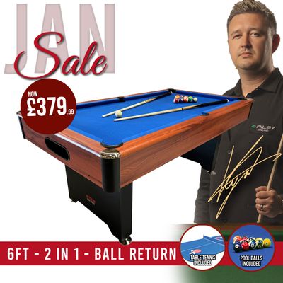 BCE 6ft 2 in 1 American Pool Table with Table Tennis Top - Black/Wood Effect with Blue Cloth - Fixed Leg - Ball Return System
