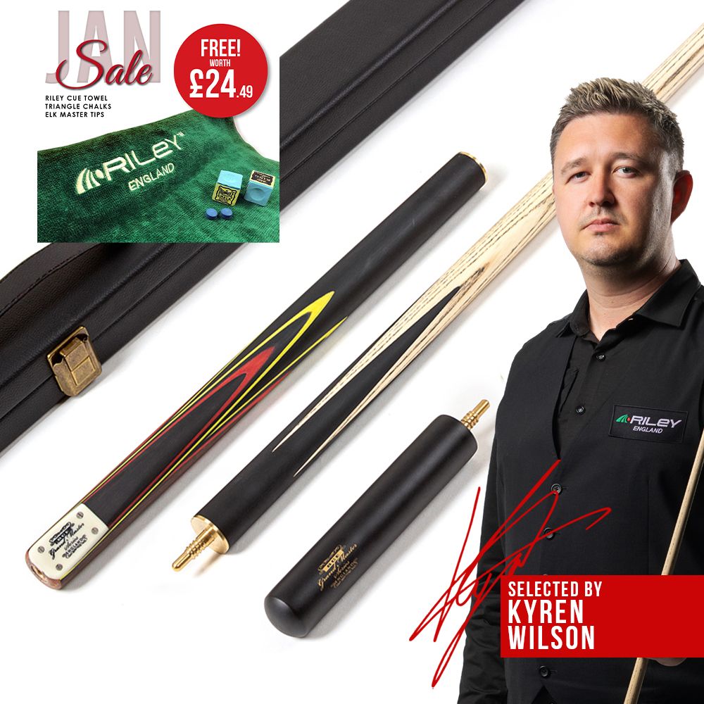 BCE 3 Piece Grand Master Snooker Cue and Hard Case 3/4 Cut- Layered Ebonised Black Wood Butt  - 9.5mm Tip - 145cm - Black/Red/ Yellow