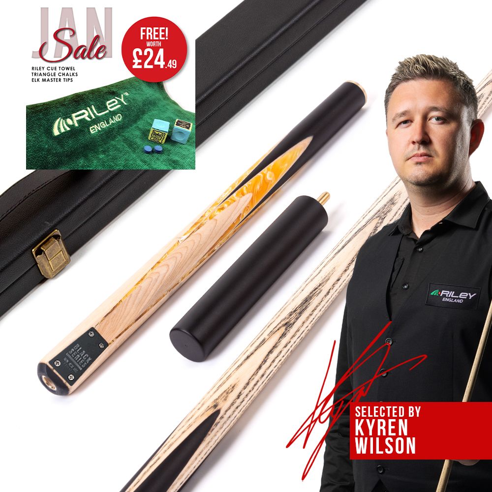 BCE Black Series - 3 Piece Snooker Cue and Hard Case - 3/4 Cut Cue - Layered Ebonised Black Wood Butt - 9.5mm Tip - 145cm - Black/ Yellow and White Marbleised Resin / Natural Wood