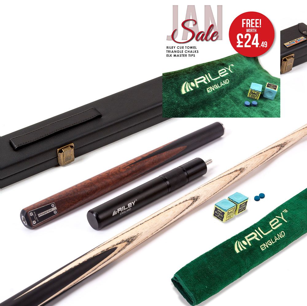 Riley Elegance - 3 Piece Snooker Cue and Hard Case - 3/4 Cut Cue - Ebony Butt- 9.5mm Pro Tip - 145cm - Black/ Natural Snake Wood 360˚ Splicing