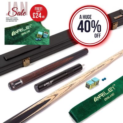 Riley Elegance - 3 Piece Snooker Cue and Hard Case 3/4 Cut- Ebony Butt- 9.5mm Pro Tip - 145cm - Black/ Natural Snake Wood Front Splice