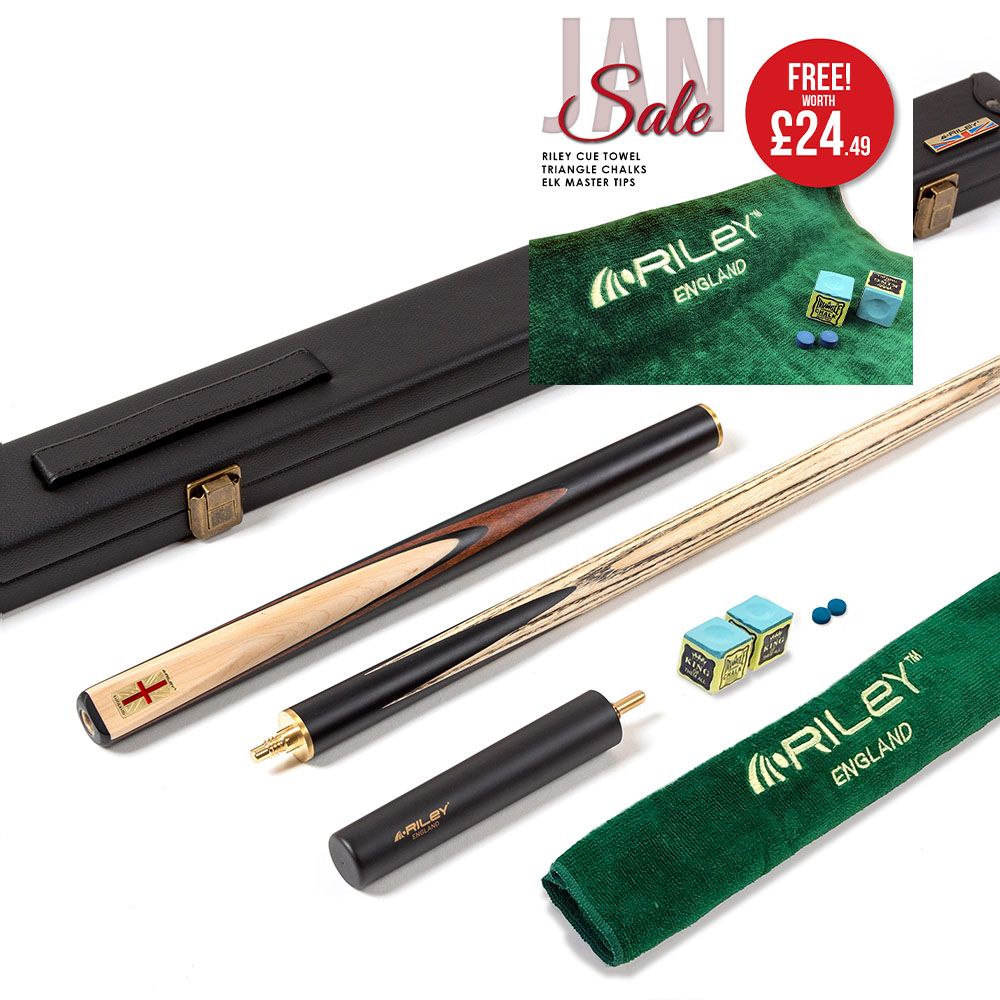 Riley England 3 Piece Snooker Cue and Hard Case 3/4 Cut- Layered Ebonised Black Wood Butt with 9.5mm Tip - 145cm - Black/ Maple Wood